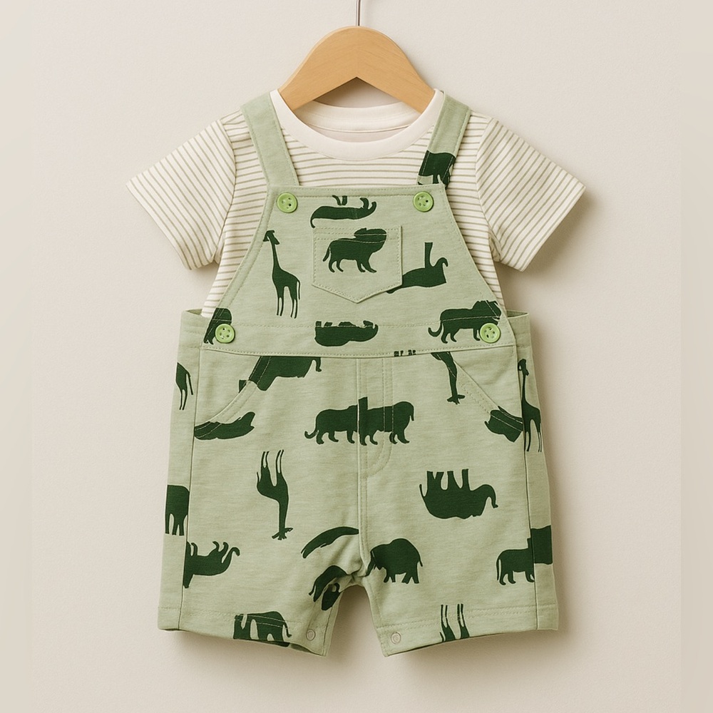 NEW Little Me Boys Green Novelty Jungle Animal Soft Overall Bibs sz 3 Mo - Picture 1 of 3